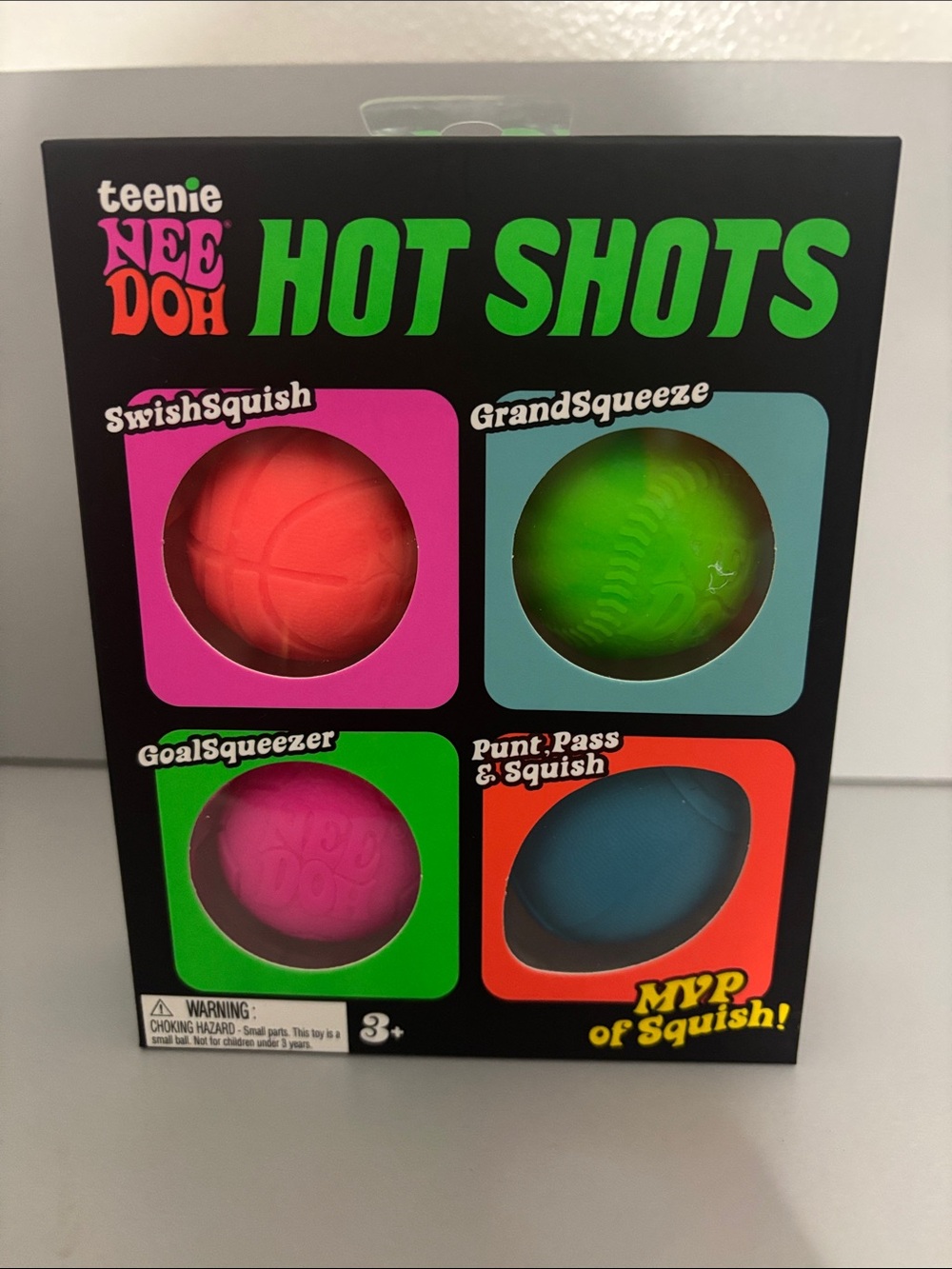 Teenie NeeDoh Hot Shots Kids Squish Ball Set - Neon Orange, Green, Pink, Blue